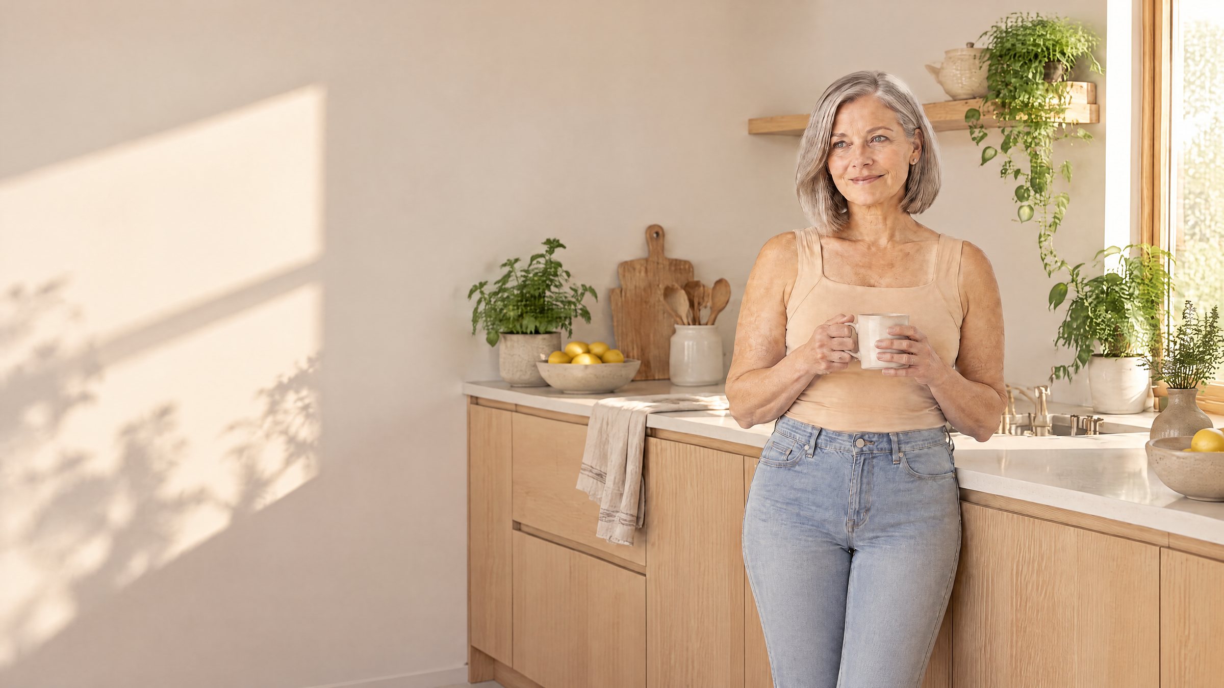 A woman in her late fifties with silver hair, wearing the Sand Comfort Tank tucked into light jeans, holding a mug in a sunlit kitchen