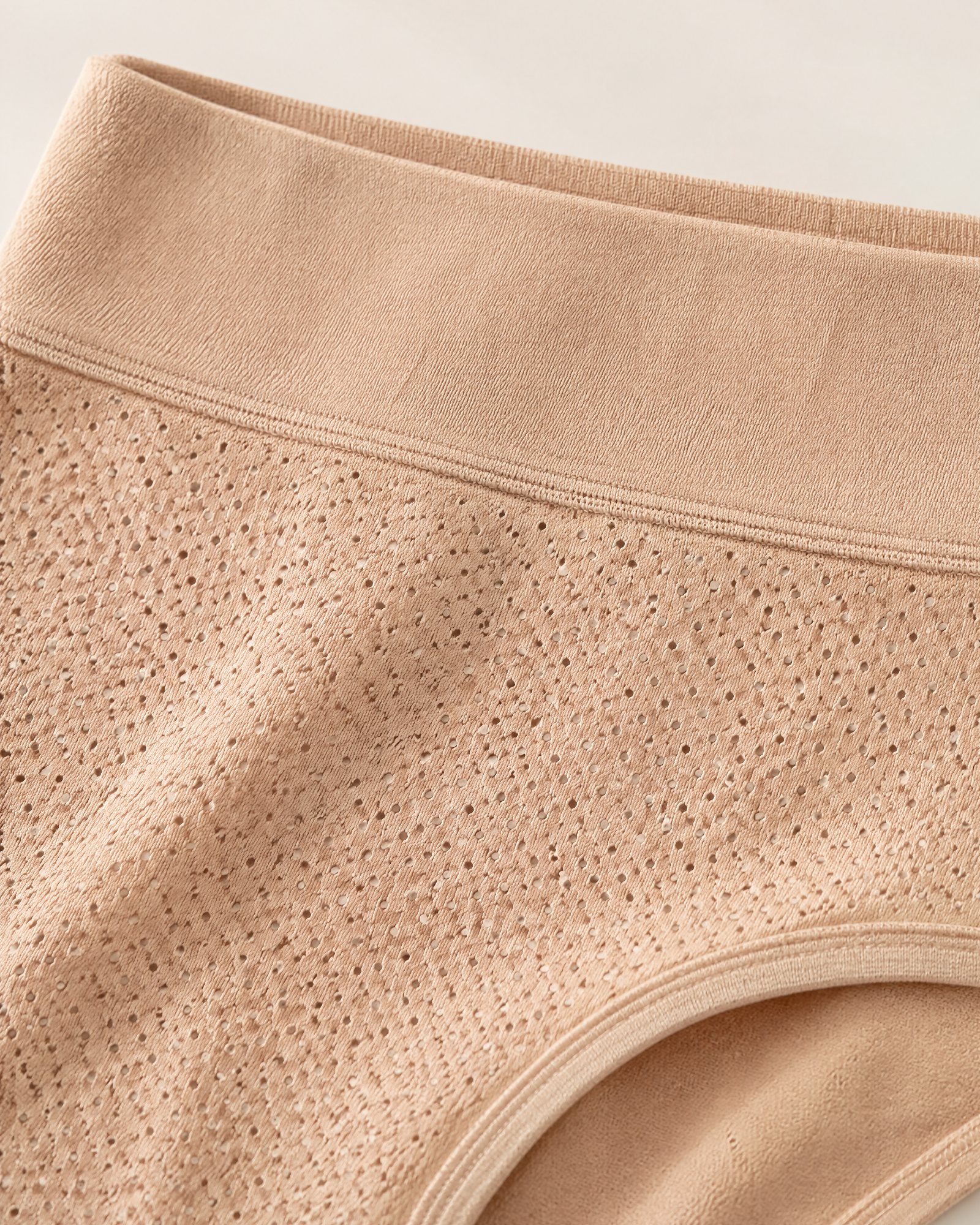 Close-up of the knit and the wide waistband of the High-Waist Absorbent Brief, Sand