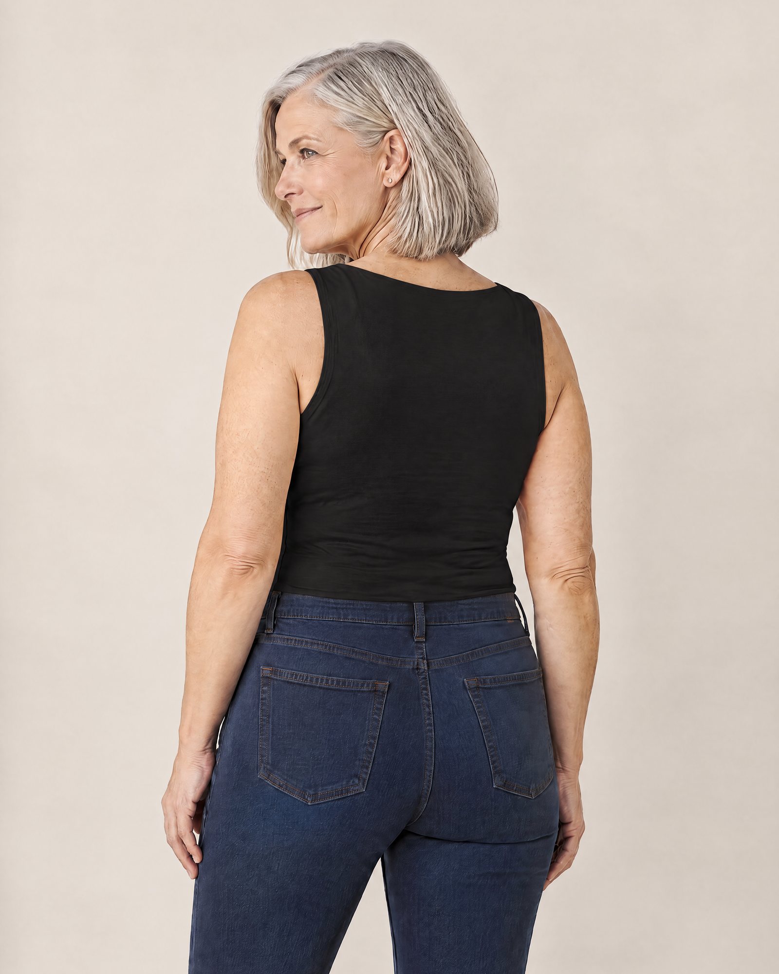 The Comfort Tank, Black from the back: a smooth back and wide straps