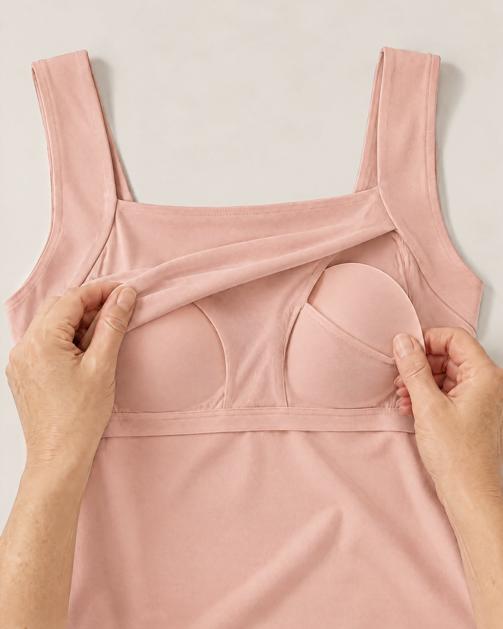 Hands holding the neckline of the Comfort Tank, Blush Pink open to show the inner layer and a padded cup in its pocket