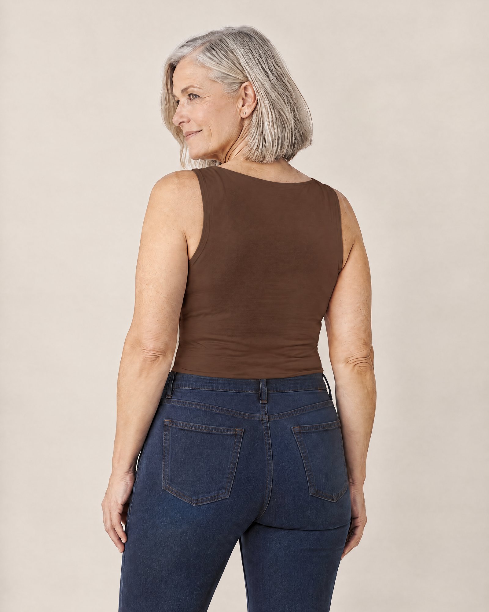 The Comfort Tank, Coffee from the back: a smooth back and wide straps