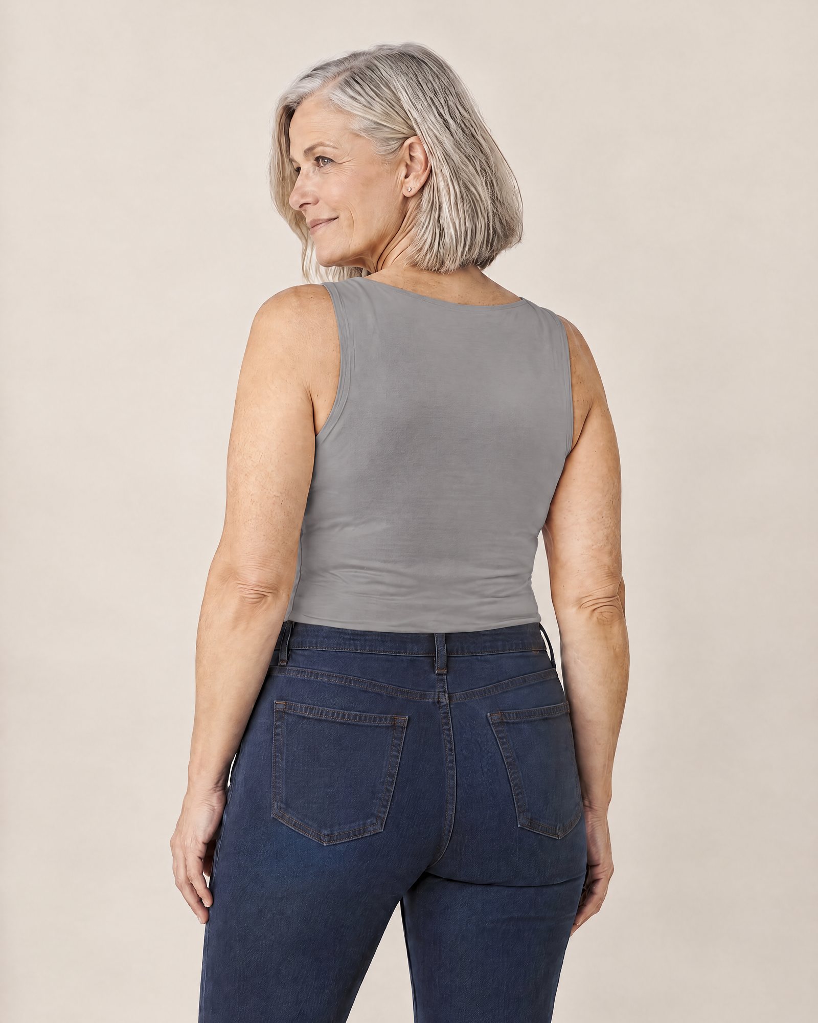 The Comfort Tank, Gray from the back: a smooth back and wide straps