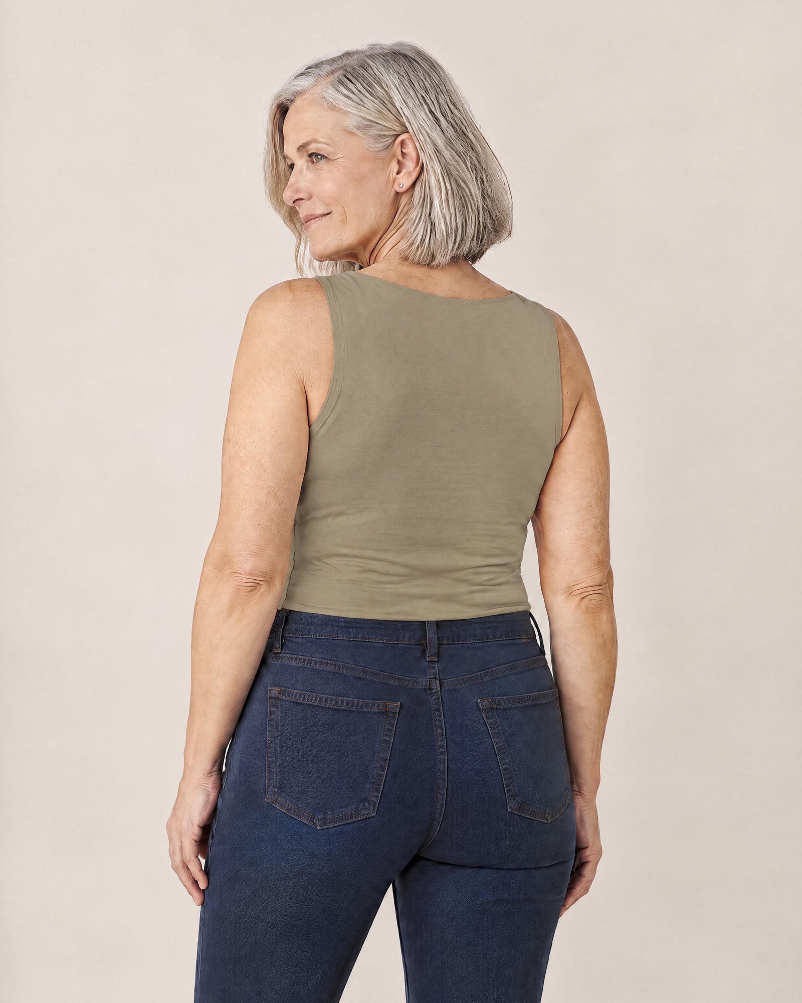 The Comfort Tank, Khaki from the back: a smooth back and wide straps