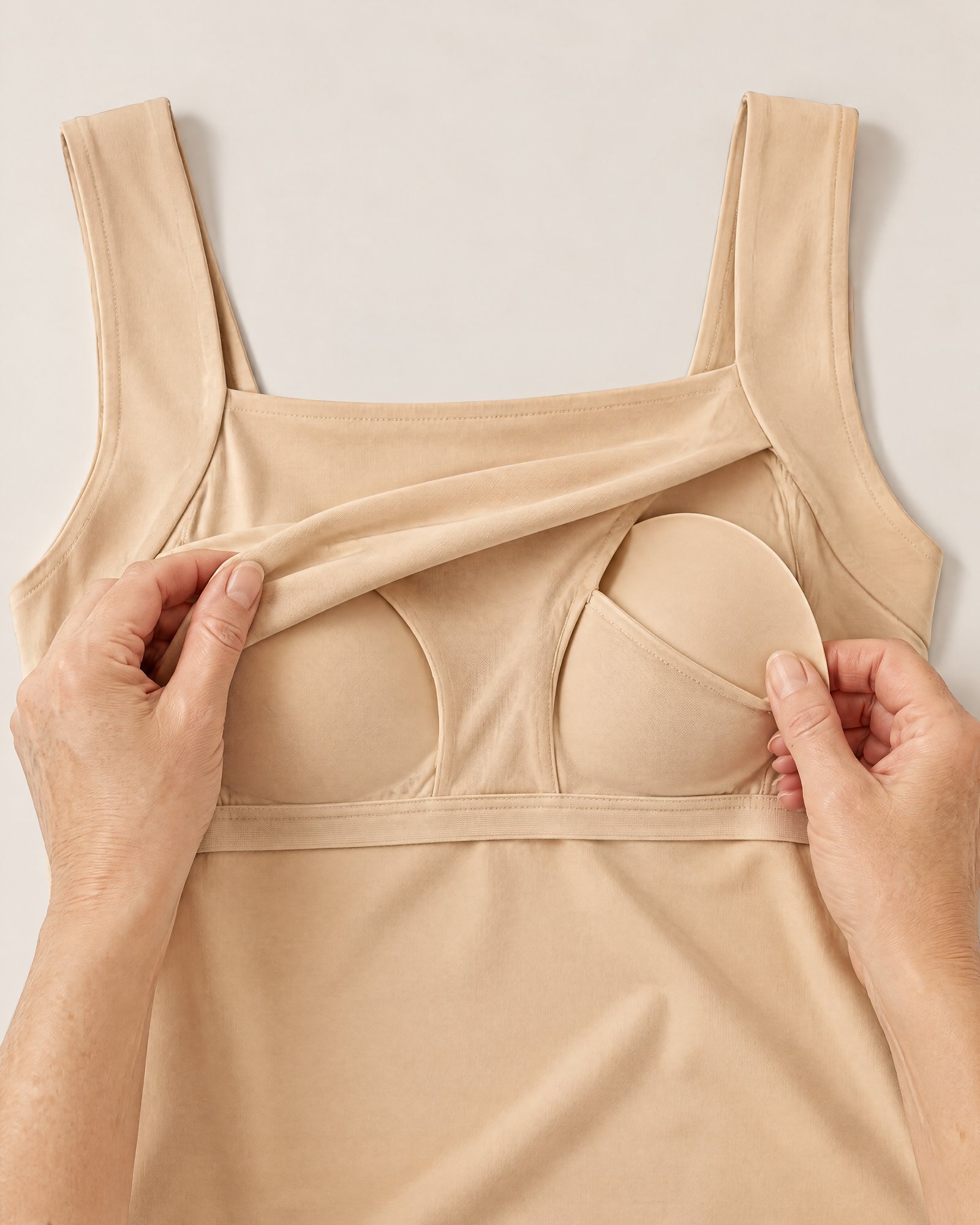 Hands holding the neckline of the Comfort Tank, Sand open to show the inner layer and a padded cup in its pocket