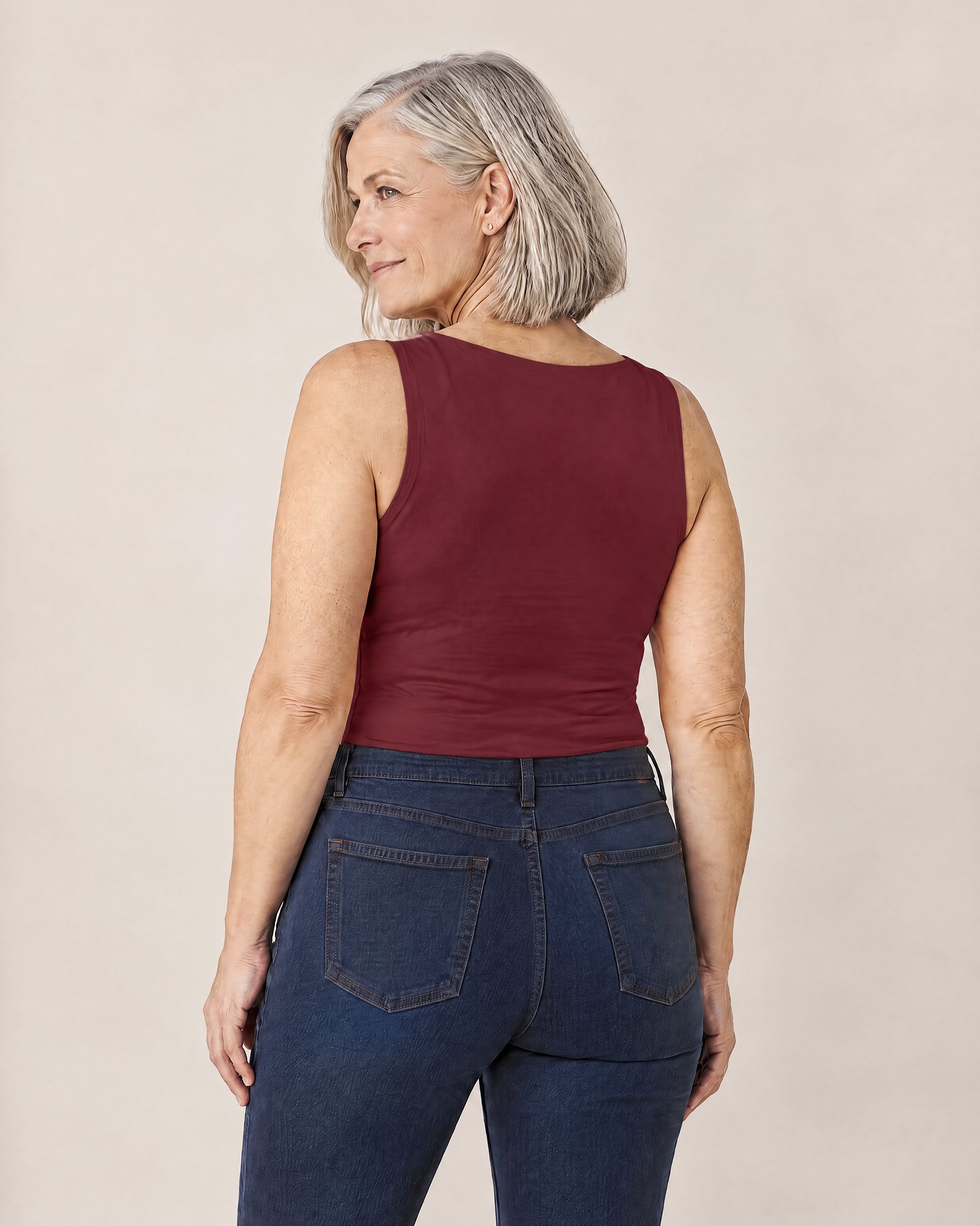 The Comfort Tank, Red Wine from the back: a smooth back and wide straps
