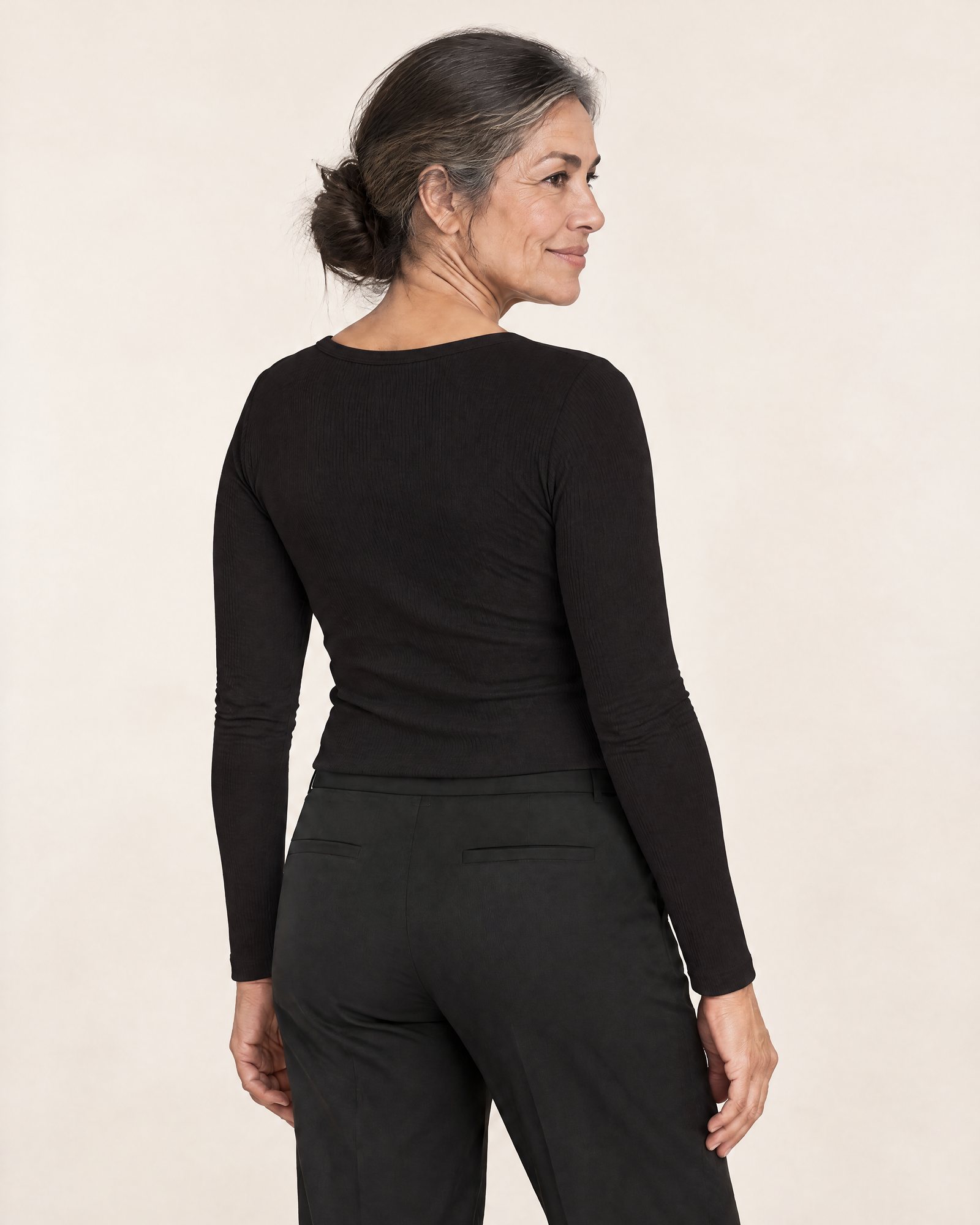 The Ribbed Long-Sleeve Top, Black from the back