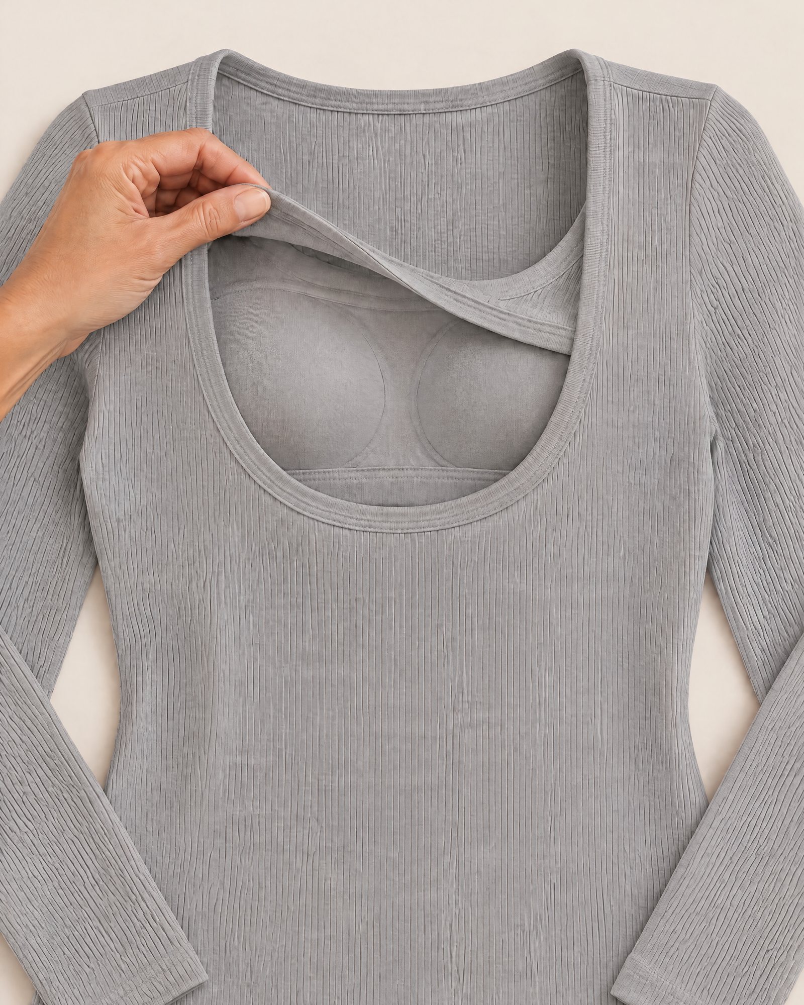 Inside the Ribbed Long-Sleeve Top, Heather Gray: the inner layer and a padded cup