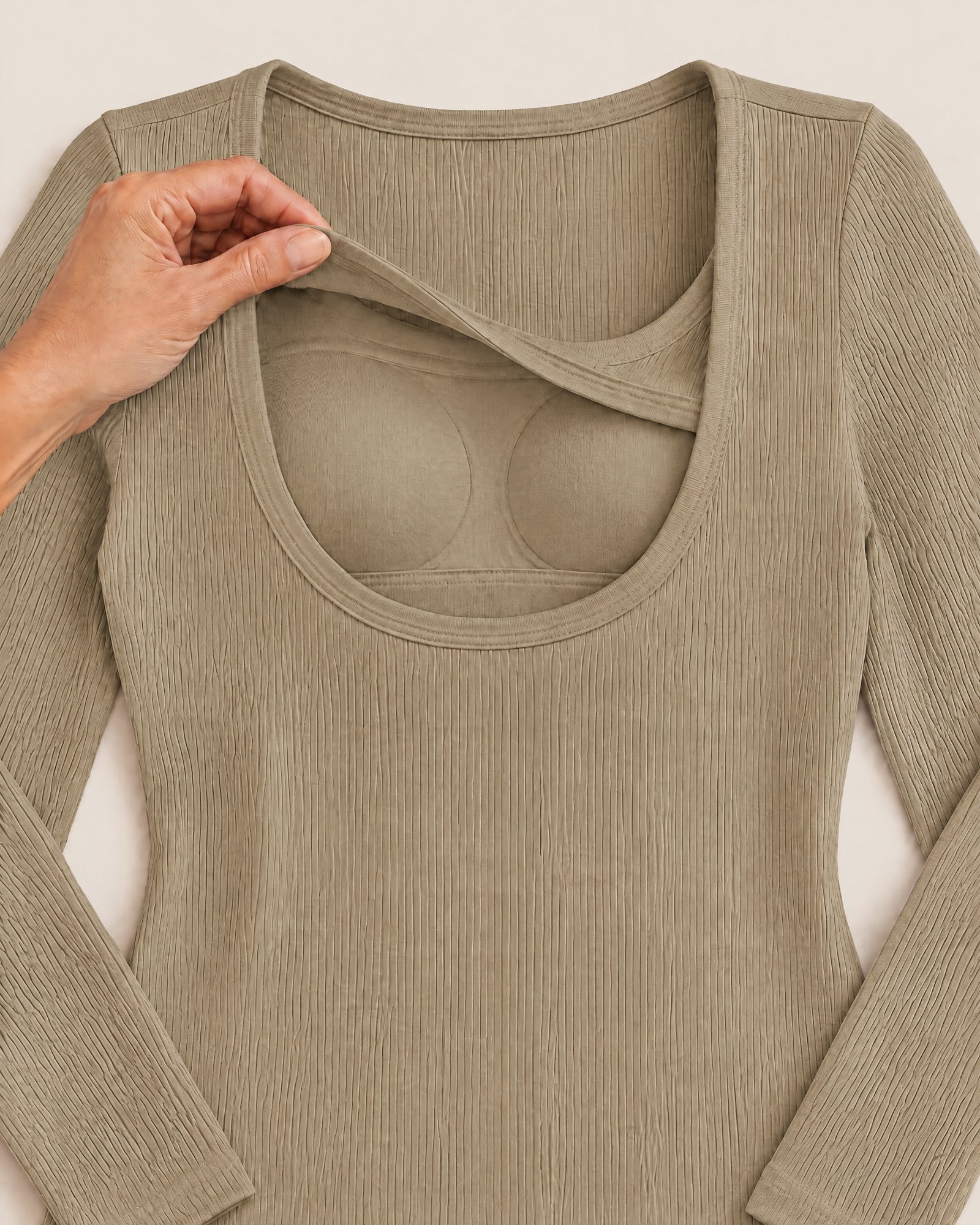 Inside the Ribbed Long-Sleeve Top, Khaki: the inner layer and a padded cup