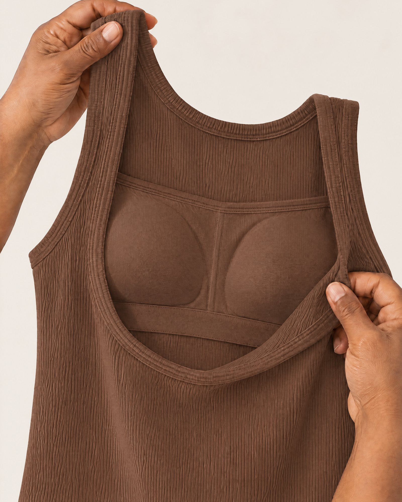 Inside the Ribbed Cotton Tank, Cocoa: the elastic shelf band under the bust