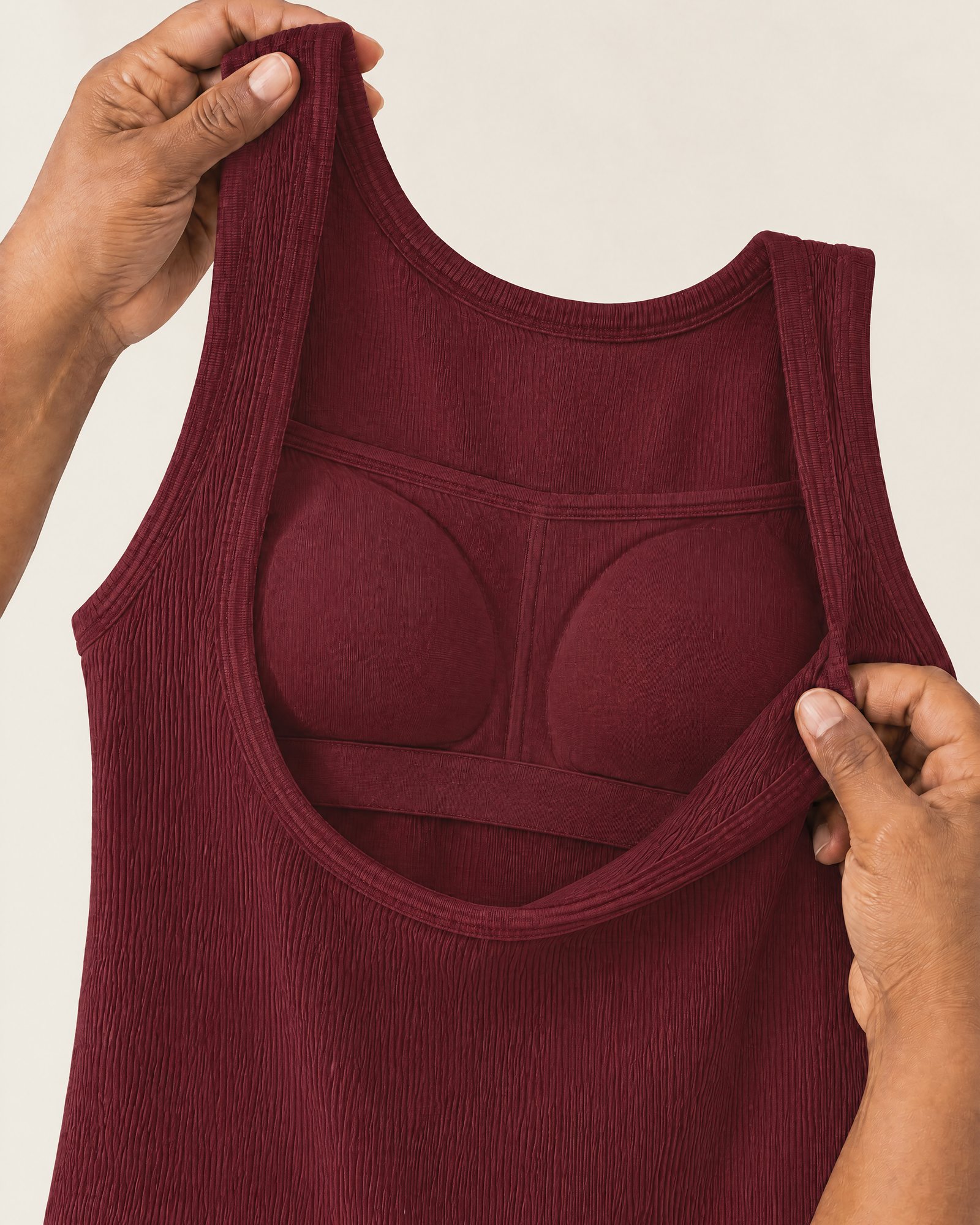 Inside the Ribbed Cotton Tank, Burgundy: the elastic shelf band under the bust