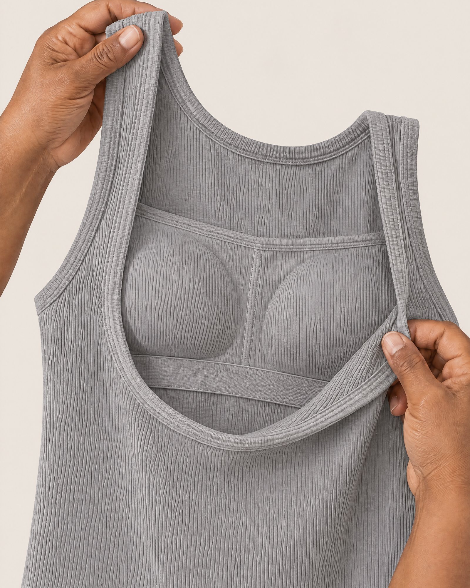 Inside the Ribbed Cotton Tank, Heather Gray: the elastic shelf band under the bust