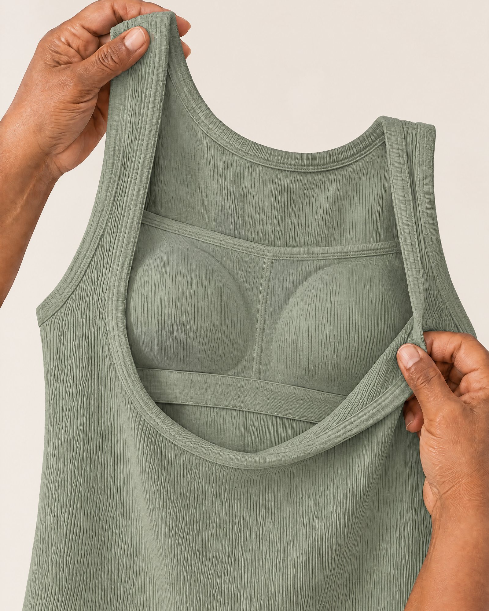 Inside the Ribbed Cotton Tank, Sage: the elastic shelf band under the bust